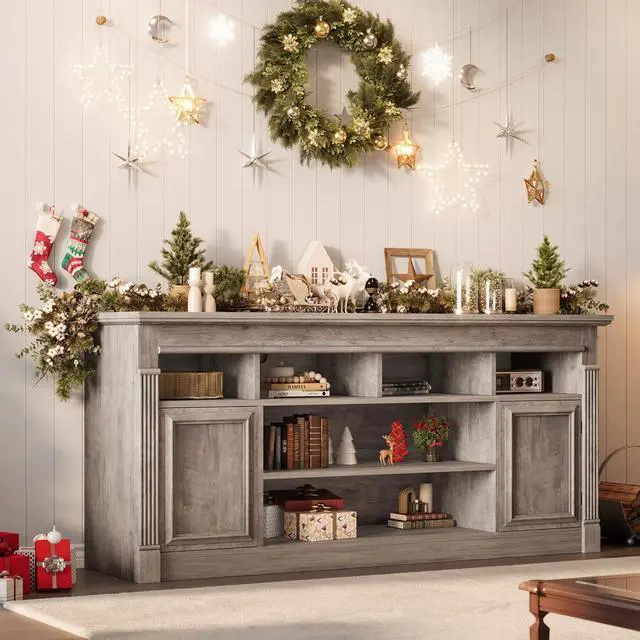 Alt view image 6 of 7 - 67-Inch Farmhouse Entertainment Center Open Storage TV Stand for 75-Inch TVs, Media Console for Living Room, Gray (Only TV Stand, No Fireplace)