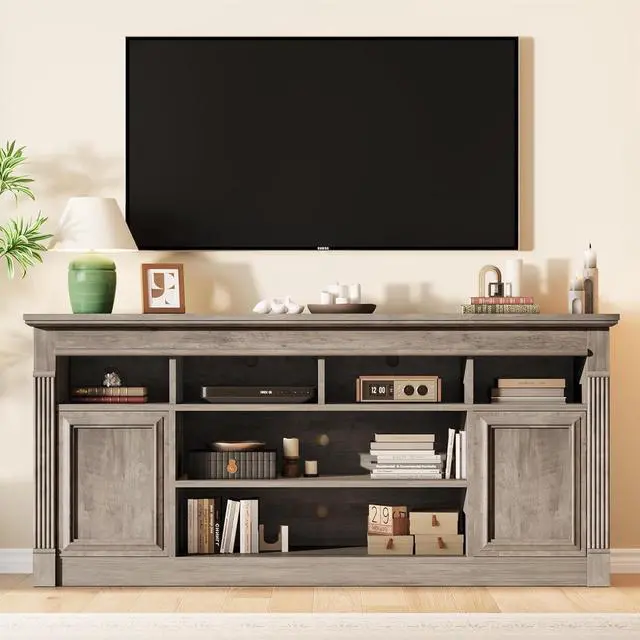 Alt view image 7 of 7 - 67-Inch Farmhouse Entertainment Center Open Storage TV Stand for 75-Inch TVs, Media Console for Living Room, Gray (Only TV Stand, No Fireplace)