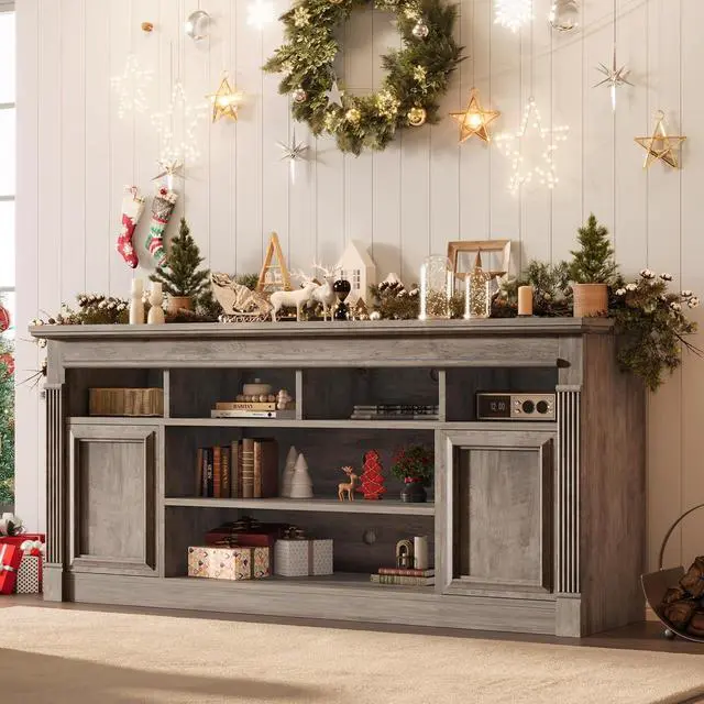 Alt view image 5 of 7 - 67-Inch Farmhouse Entertainment Center Open Storage TV Stand for 75-Inch TVs, Media Console for Living Room, Gray (Only TV Stand, No Fireplace)
