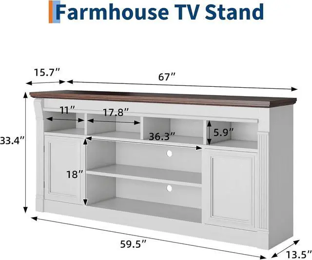 Alt view image 2 of 7 - 67-Inch Farmhouse Entertainment Center Open Storage TV Stand for 75-Inch TVs, Media Console for Living Room, White+Brown (Only TV Stand, No Fireplace)