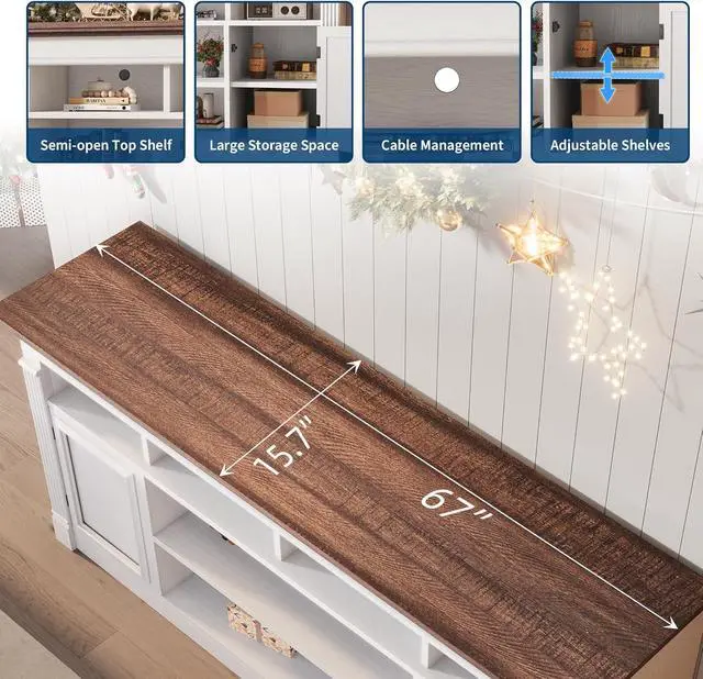 Alt view image 3 of 7 - 67-Inch Farmhouse Entertainment Center Open Storage TV Stand for 75-Inch TVs, Media Console for Living Room, White+Brown (Only TV Stand, No Fireplace)