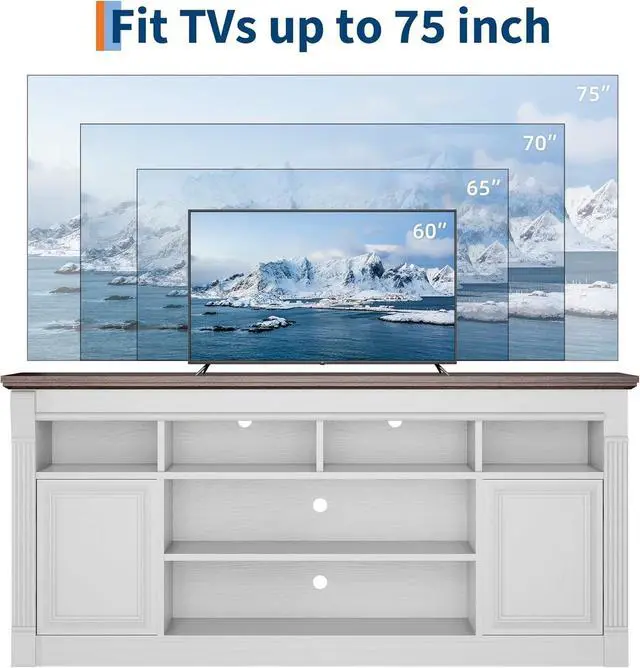 Alt view image 4 of 7 - 67-Inch Farmhouse Entertainment Center Open Storage TV Stand for 75-Inch TVs, Media Console for Living Room, White+Brown (Only TV Stand, No Fireplace)
