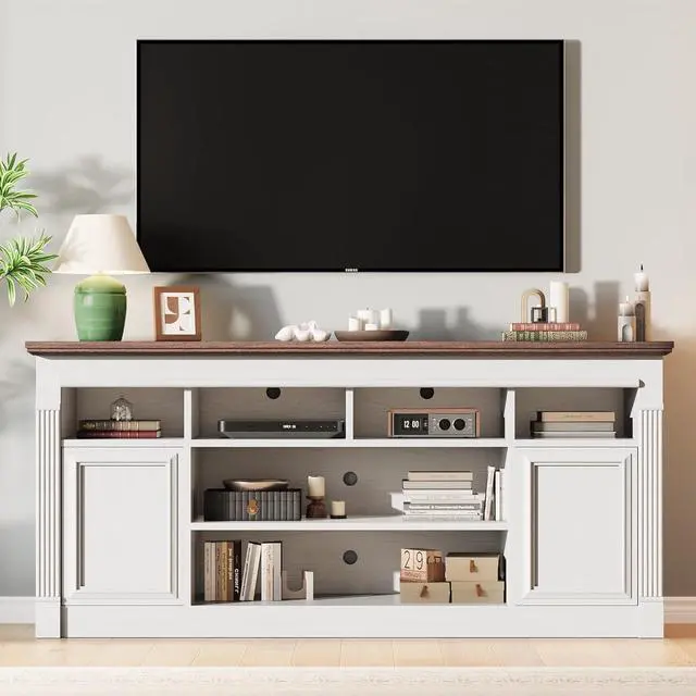 Alt view image 5 of 7 - 67-Inch Farmhouse Entertainment Center Open Storage TV Stand for 75-Inch TVs, Media Console for Living Room, White+Brown (Only TV Stand, No Fireplace)