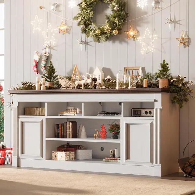 Alt view image 6 of 7 - 67-Inch Farmhouse Entertainment Center Open Storage TV Stand for 75-Inch TVs, Media Console for Living Room, White+Brown (Only TV Stand, No Fireplace)