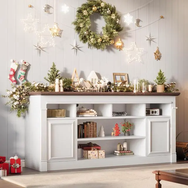 Alt view image 7 of 7 - 67-Inch Farmhouse Entertainment Center Open Storage TV Stand for 75-Inch TVs, Media Console for Living Room, White+Brown (Only TV Stand, No Fireplace)