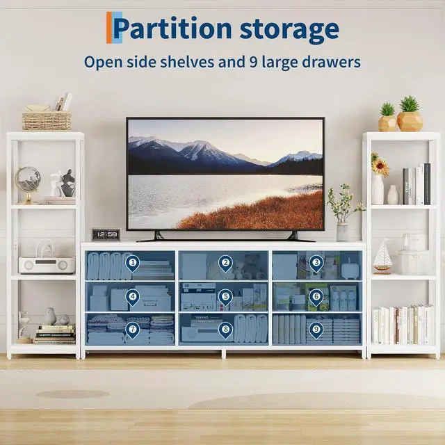 Alt view image 5 of 7 - Patikuin TV Stand Dresser for 75 Inch TV, Large Entertainment Center with Fabric Drawers & 4-Tier Storage Shelves, Modern Industrial TV Console for Living Room (White, 9 Drawers)