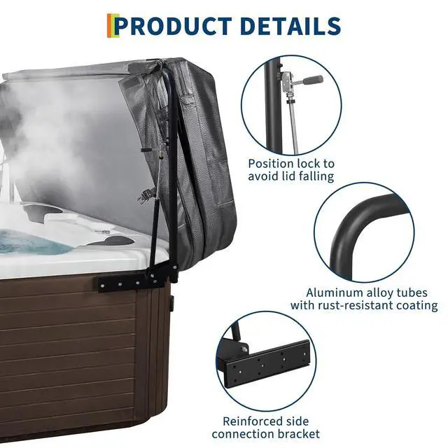 Alt view image 4 of 7 - Patikuin Adjustable Hydraulic Hot Tub & Spa Cover Lifter, Space-Saving Collapsible U-Shaped Arms, Single Person Operation, Fits Rectangular Hot Tubs, Dual Gas Struts