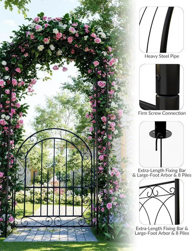 Alt view image 3 of 7 - Patikuin Sturdy Metal Garden Arch with Gate, 8FT Rust-Resistant Steel Arbor & Trellis, Easy Assembly, Ideal for Weddings, Climbing Plants, Outdoor Patio Backyard Decor