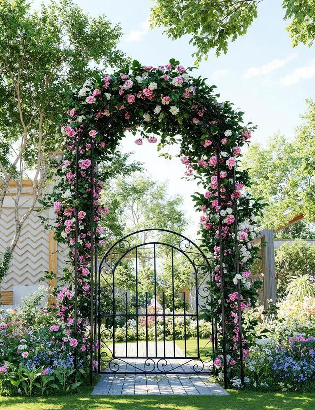 Alt view image 4 of 7 - Patikuin Sturdy Metal Garden Arch with Gate, 8FT Rust-Resistant Steel Arbor & Trellis, Easy Assembly, Ideal for Weddings, Climbing Plants, Outdoor Patio Backyard Decor