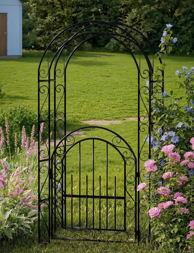 Alt view image 6 of 7 - Patikuin Sturdy Metal Garden Arch with Gate, 8FT Rust-Resistant Steel Arbor & Trellis, Easy Assembly, Ideal for Weddings, Climbing Plants, Outdoor Patio Backyard Decor