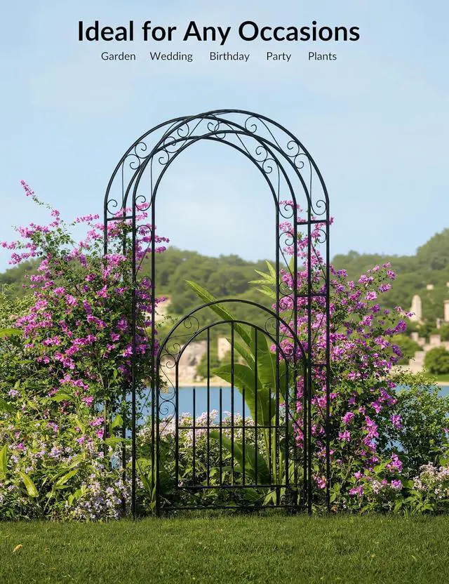 Alt view image 5 of 7 - Patikuin Sturdy Metal Garden Arch with Gate, 8FT Rust-Resistant Steel Arbor & Trellis, Easy Assembly, Ideal for Weddings, Climbing Plants, Outdoor Patio Backyard Decor