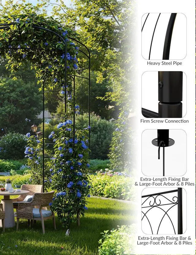 Alt view image 3 of 7 - Patikuin 8.8FT Heavy Duty Wrought Iron Garden Arbor Arch, Black Metal Birdcage Trellis Pergola, Climbing Plant Support, Outdoor Wedding Ceremony Backdrop for Patio & Backyard Decor