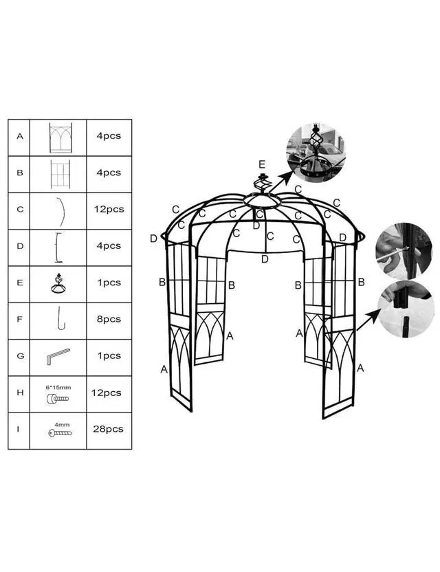 Alt view image 7 of 7 - Patikuin 8.8FT Heavy Duty Wrought Iron Garden Arbor Arch, Black Metal Birdcage Trellis Pergola, Climbing Plant Support, Outdoor Wedding Ceremony Backdrop for Patio & Backyard Decor