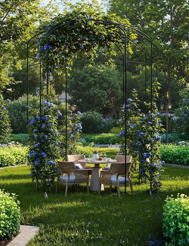 Alt view image 4 of 7 - Patikuin 8.8FT Heavy Duty Wrought Iron Garden Arbor Arch, Black Metal Birdcage Trellis Pergola, Climbing Plant Support, Outdoor Wedding Ceremony Backdrop for Patio & Backyard Decor