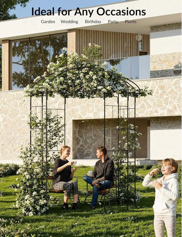 Alt view image 6 of 7 - Patikuin 8.8FT Heavy Duty Wrought Iron Garden Arbor Arch, Black Metal Birdcage Trellis Pergola, Climbing Plant Support, Outdoor Wedding Ceremony Backdrop for Patio & Backyard Decor