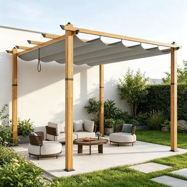 Main image of Patikuin Retractable Aluminum Pergola with Wood-Grain Finish, 10x10 FT Modern Metal Pavilion Gazebo, UV Protection Sun Shelter for Patio, Deck, Backyard, Grey