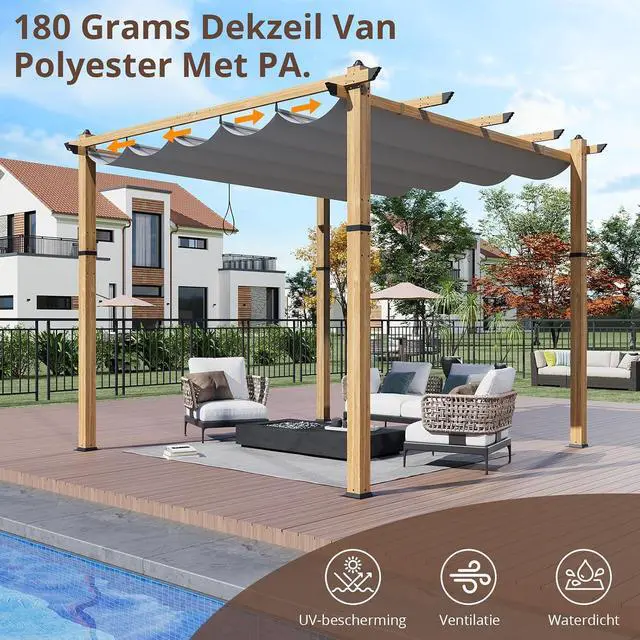 Alt view image 2 of 7 - Patikuin Retractable Aluminum Pergola with Wood-Grain Finish, 10x10 FT Modern Metal Pavilion Gazebo, UV Protection Sun Shelter for Patio, Deck, Backyard, Grey
