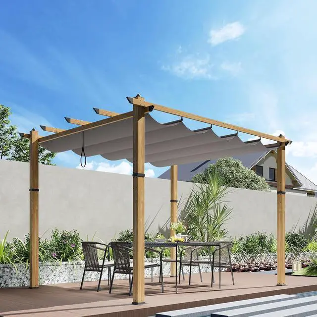 Alt view image 3 of 7 - Patikuin Retractable Aluminum Pergola with Wood-Grain Finish, 10x10 FT Modern Metal Pavilion Gazebo, UV Protection Sun Shelter for Patio, Deck, Backyard, Grey