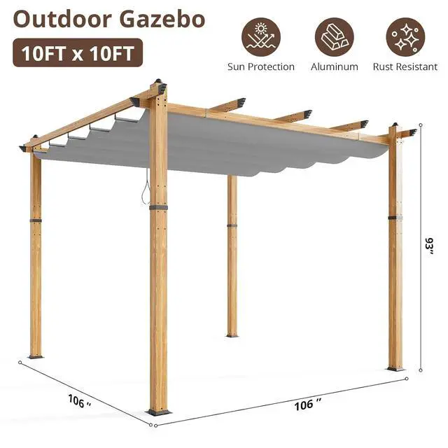 Alt view image 4 of 7 - Patikuin Retractable Aluminum Pergola with Wood-Grain Finish, 10x10 FT Modern Metal Pavilion Gazebo, UV Protection Sun Shelter for Patio, Deck, Backyard, Grey