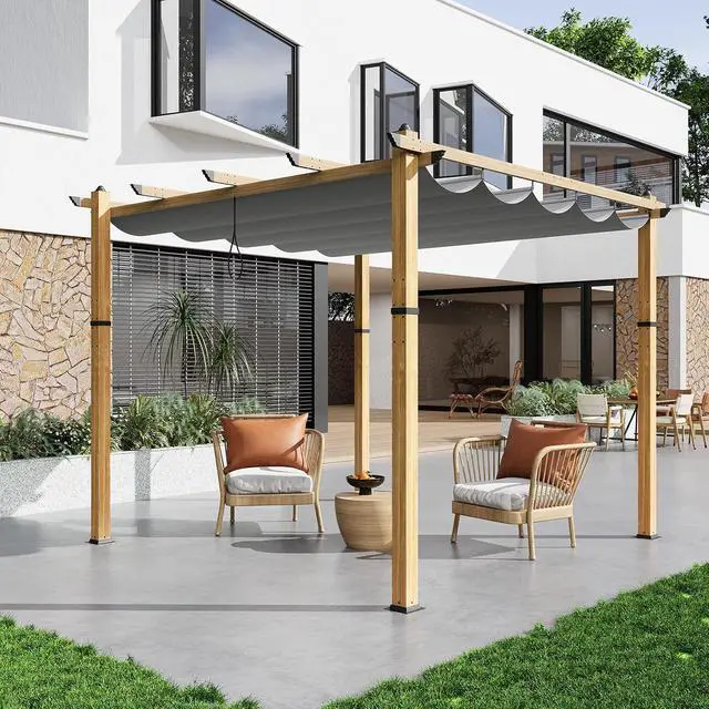 Alt view image 7 of 7 - Patikuin Retractable Aluminum Pergola with Wood-Grain Finish, 10x10 FT Modern Metal Pavilion Gazebo, UV Protection Sun Shelter for Patio, Deck, Backyard, Grey