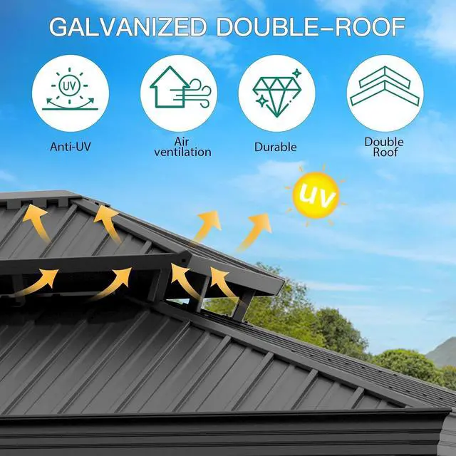 Alt view image 3 of 6 - Patikuin Permanent Hardtop Gazebo with Double Layer Steel Roof, 12x20 FT Weather-Resistant Outdoor Pavilion with Curtains & Netting, Aluminum Frame for Patio, Backyard, Garden