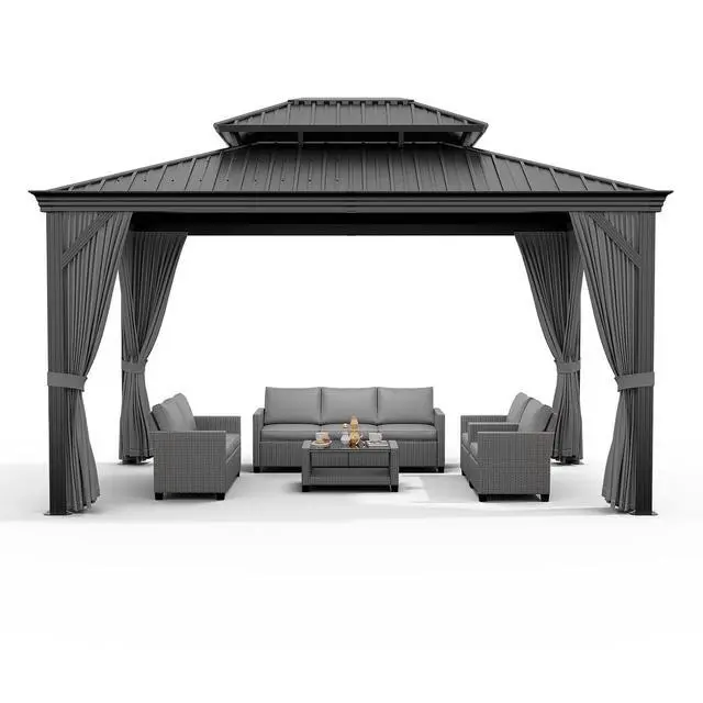 Alt view image 7 of 7 - Patikuin Permanent Hardtop Gazebo with Double Layer Steel Roof, 12x16 FT Weather-Resistant Outdoor Pavilion with Curtains & Netting, Aluminum Frame for Patio, Backyard, Garden