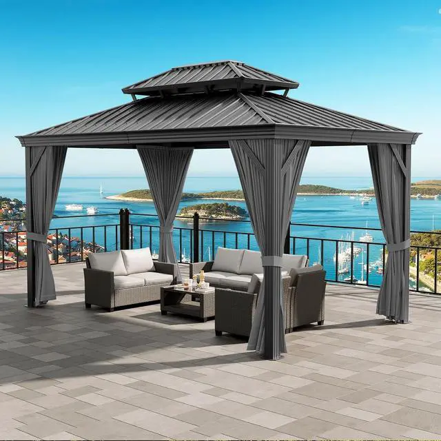 Alt view image 2 of 6 - Patikuin Permanent Hardtop Gazebo with Double Layer Steel Roof, 12x20 FT Weather-Resistant Outdoor Pavilion with Curtains & Netting, Aluminum Frame for Patio, Backyard, Garden