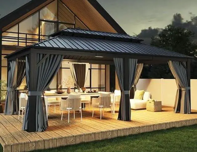 Alt view image 6 of 6 - Patikuin Permanent Hardtop Gazebo with Double Layer Steel Roof, 12x20 FT Weather-Resistant Outdoor Pavilion with Curtains & Netting, Aluminum Frame for Patio, Backyard, Garden