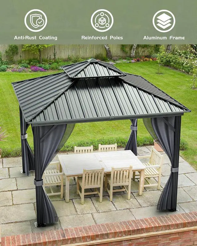 Alt view image 2 of 7 - Patikuin 12x12 FT Double Roof Hardtop Gazebo, Heavy Duty Outdoor Pavilion with Galvanized Steel Roof, Aluminum Frame, Privacy Curtains & Mosquito Netting for Backyard, Deck, Garden