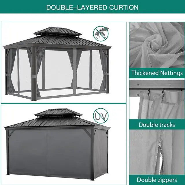 Alt view image 3 of 7 - Patikuin Permanent Hardtop Gazebo with Double Layer Steel Roof, 12x16 FT Weather-Resistant Outdoor Pavilion with Curtains & Netting, Aluminum Frame for Patio, Backyard, Garden