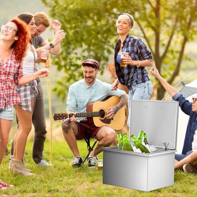 Alt view image 2 of 7 - Patikuin Drop-in Stainless Steel Ice Chest, Outdoor Kitchen Ice Bin Cooler, Commercial Grade Ice Cooler with Hinged Cover, Drain Pipe & Plug for Chilling Wine & Beer