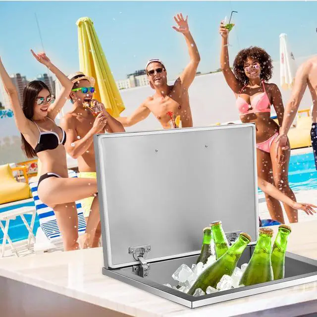 Alt view image 3 of 7 - Patikuin Drop-in Stainless Steel Ice Chest, Outdoor Kitchen Ice Bin Cooler, Commercial Grade Ice Cooler with Hinged Cover, Drain Pipe & Plug for Chilling Wine & Beer
