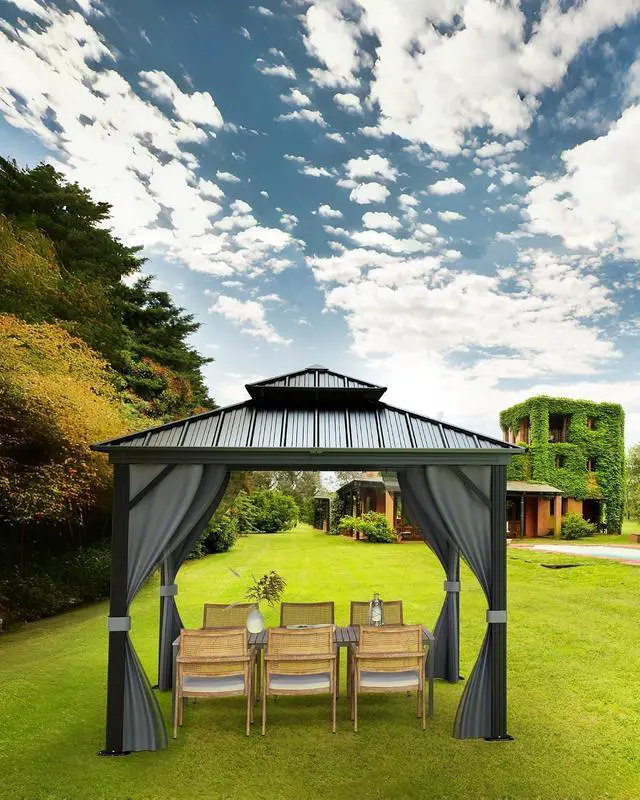 Alt view image 5 of 7 - Patikuin 12x12 FT Double Roof Hardtop Gazebo, Heavy Duty Outdoor Pavilion with Galvanized Steel Roof, Aluminum Frame, Privacy Curtains & Mosquito Netting for Backyard, Deck, Garden