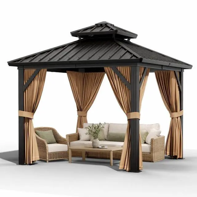 Main image of Patikuin 10x10 FT Hardtop Gazebo, Galvanized Steel Double Roof, All-Weather Aluminum Pavilion with Netting & Curtains for Patio, Backyard, Black & Brown