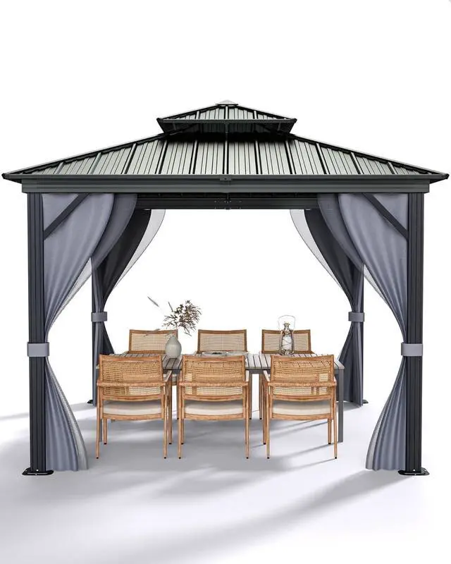 Alt view image 7 of 7 - Patikuin 12x12 FT Double Roof Hardtop Gazebo, Heavy Duty Outdoor Pavilion with Galvanized Steel Roof, Aluminum Frame, Privacy Curtains & Mosquito Netting for Backyard, Deck, Garden