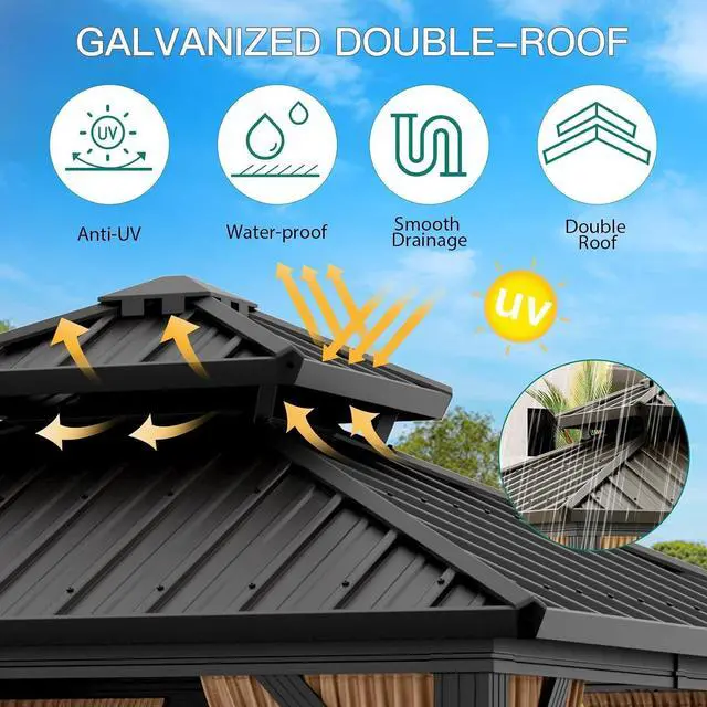 Alt view image 2 of 7 - Patikuin 10x10 FT Hardtop Gazebo, Galvanized Steel Double Roof, All-Weather Aluminum Pavilion with Netting & Curtains for Patio, Backyard, Black & Brown