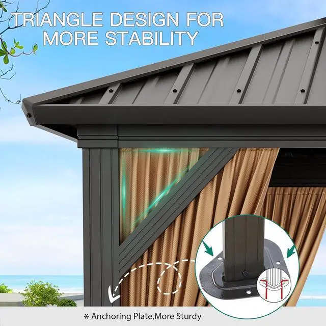 Alt view image 3 of 7 - Patikuin 10x10 FT Hardtop Gazebo, Galvanized Steel Double Roof, All-Weather Aluminum Pavilion with Netting & Curtains for Patio, Backyard, Black & Brown