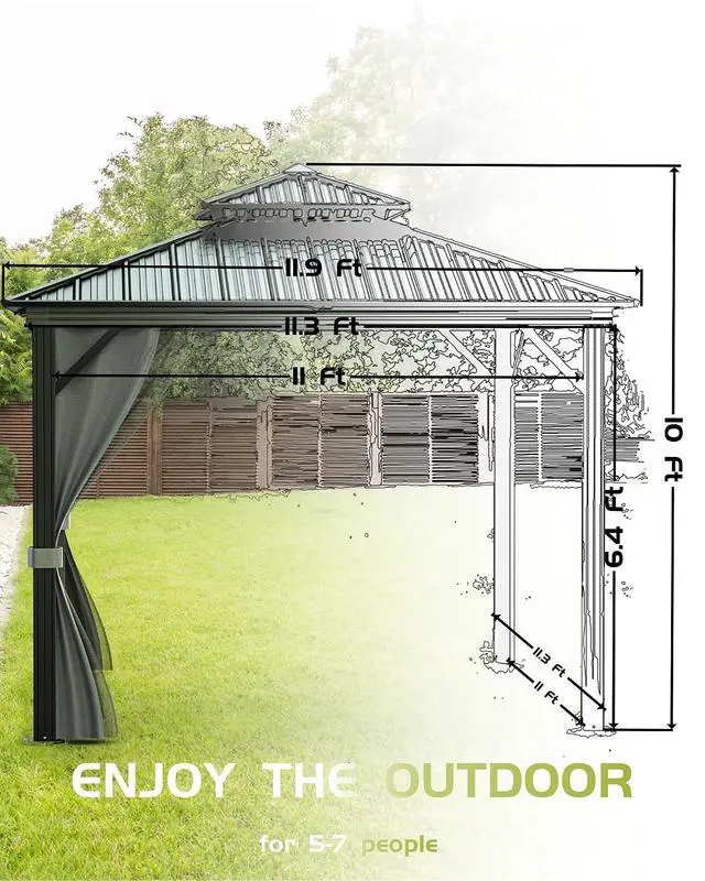 Alt view image 4 of 7 - Patikuin 12x12 FT Double Roof Hardtop Gazebo, Heavy Duty Outdoor Pavilion with Galvanized Steel Roof, Aluminum Frame, Privacy Curtains & Mosquito Netting for Backyard, Deck, Garden
