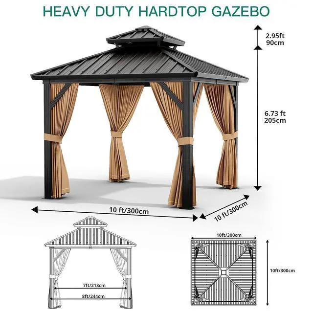 Alt view image 5 of 7 - Patikuin 10x10 FT Hardtop Gazebo, Galvanized Steel Double Roof, All-Weather Aluminum Pavilion with Netting & Curtains for Patio, Backyard, Black & Brown