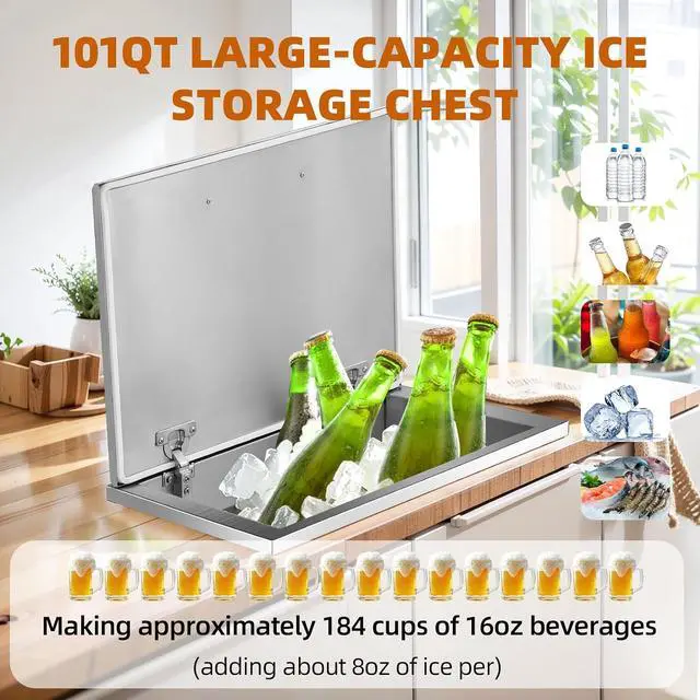 Alt view image 4 of 7 - Patikuin Drop-in Stainless Steel Ice Chest, Outdoor Kitchen Ice Bin Cooler, Commercial Grade Ice Cooler with Hinged Cover, Drain Pipe & Plug for Chilling Wine & Beer