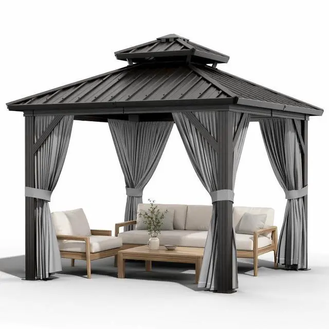 Main image of Patikuin 10x10 FT Hardtop Gazebo, Galvanized Steel Double Roof, All-Weather Aluminum Pavilion with Netting & Curtains for Patio, Backyard, Black & Gray