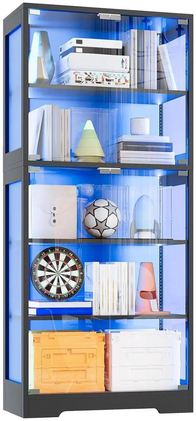 Main image of Patikuin 5 Layer Display Cabinet with Glass Doors, Modern Curio Cabinet with RGB Color Lights,Glass Display Cases for Collectibles, Tall Storage Cabinet(Black)
