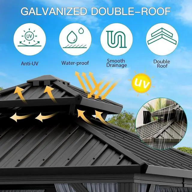 Alt view image 2 of 7 - Patikuin 10x10 FT Hardtop Gazebo, Galvanized Steel Double Roof, All-Weather Aluminum Pavilion with Netting & Curtains for Patio, Backyard, Black & Gray