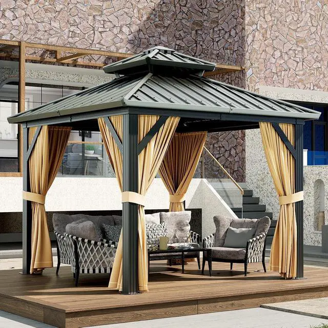 Alt view image 6 of 7 - Patikuin 10x10 FT Hardtop Gazebo, Galvanized Steel Double Roof, All-Weather Aluminum Pavilion with Netting & Curtains for Patio, Backyard, Black & Brown