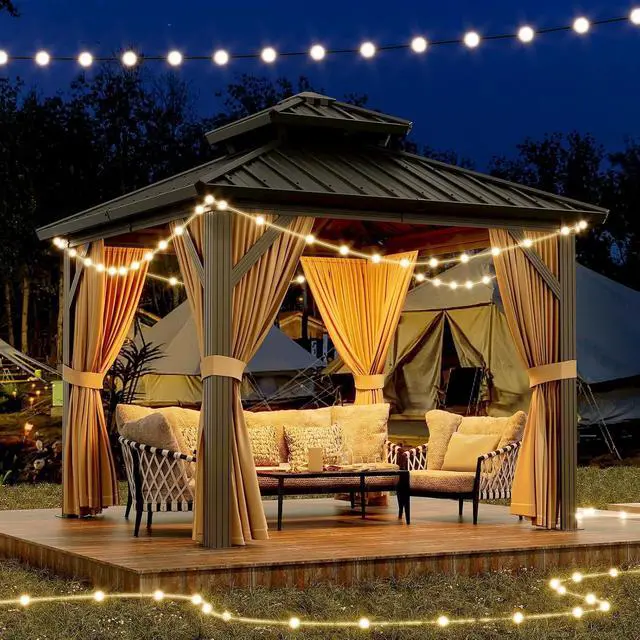 Alt view image 7 of 7 - Patikuin 10x10 FT Hardtop Gazebo, Galvanized Steel Double Roof, All-Weather Aluminum Pavilion with Netting & Curtains for Patio, Backyard, Black & Brown