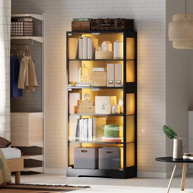Alt view image 7 of 7 - Patikuin 5 Layer Display Cabinet with Glass Doors, Modern Curio Cabinet with RGB Color Lights,Glass Display Cases for Collectibles, Tall Storage Cabinet(Black)