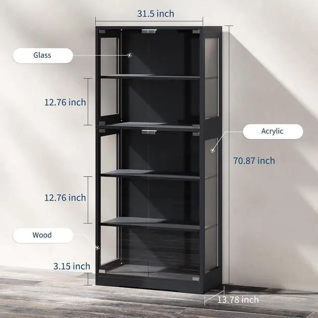 Alt view image 3 of 7 - Patikuin 5 Layer Display Cabinet with Glass Doors, Modern Curio Cabinet with RGB Color Lights,Glass Display Cases for Collectibles, Tall Storage Cabinet(Black)