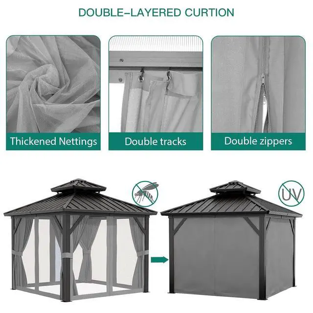 Alt view image 4 of 7 - Patikuin 10x10 FT Hardtop Gazebo, Galvanized Steel Double Roof, All-Weather Aluminum Pavilion with Netting & Curtains for Patio, Backyard, Black & Gray