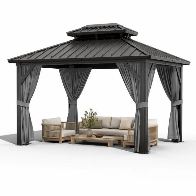 Main image of Patikuin 10x12 FT Hardtop Gazebo, Galvanized Steel Double Roof, All-Weather Aluminum Pavilion with Netting & Curtains for Patio, Backyard, Black & Gray