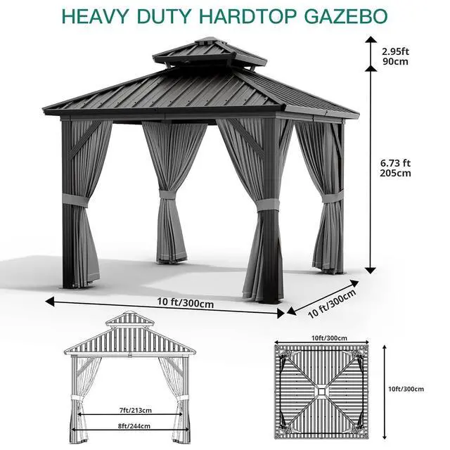 Alt view image 5 of 7 - Patikuin 10x10 FT Hardtop Gazebo, Galvanized Steel Double Roof, All-Weather Aluminum Pavilion with Netting & Curtains for Patio, Backyard, Black & Gray